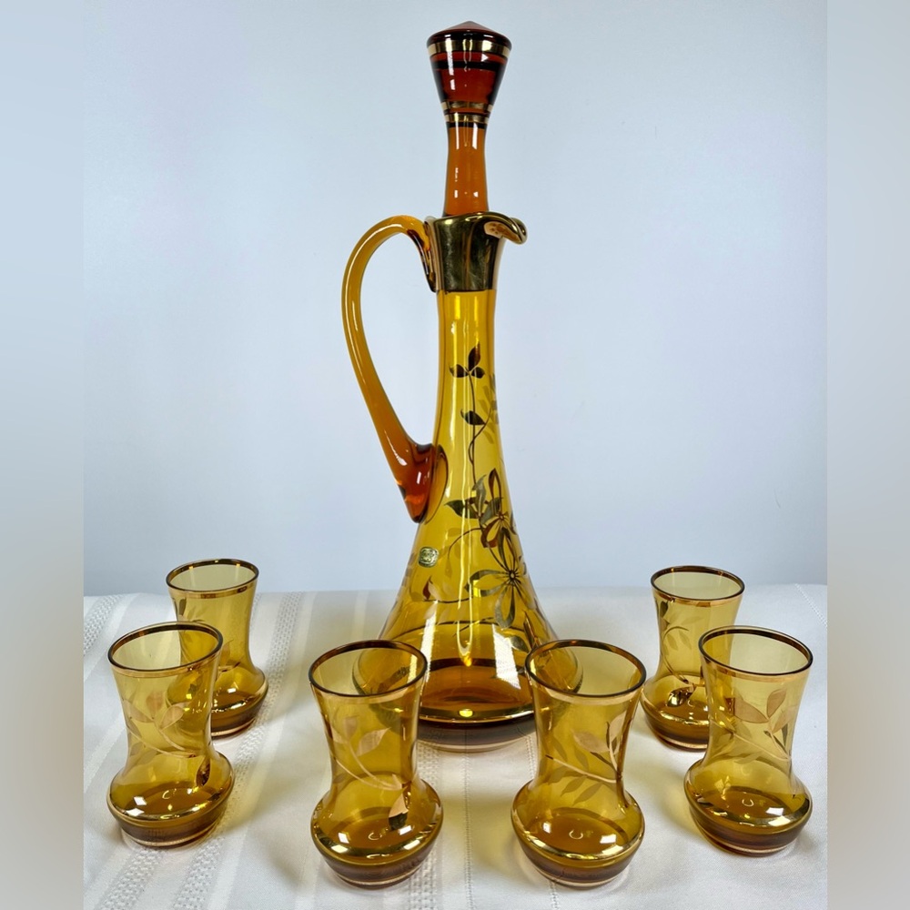 Bohemia Crystal 60s MCM Amber Decanter Floral & 6 Glasses Czech Mid Century RARE